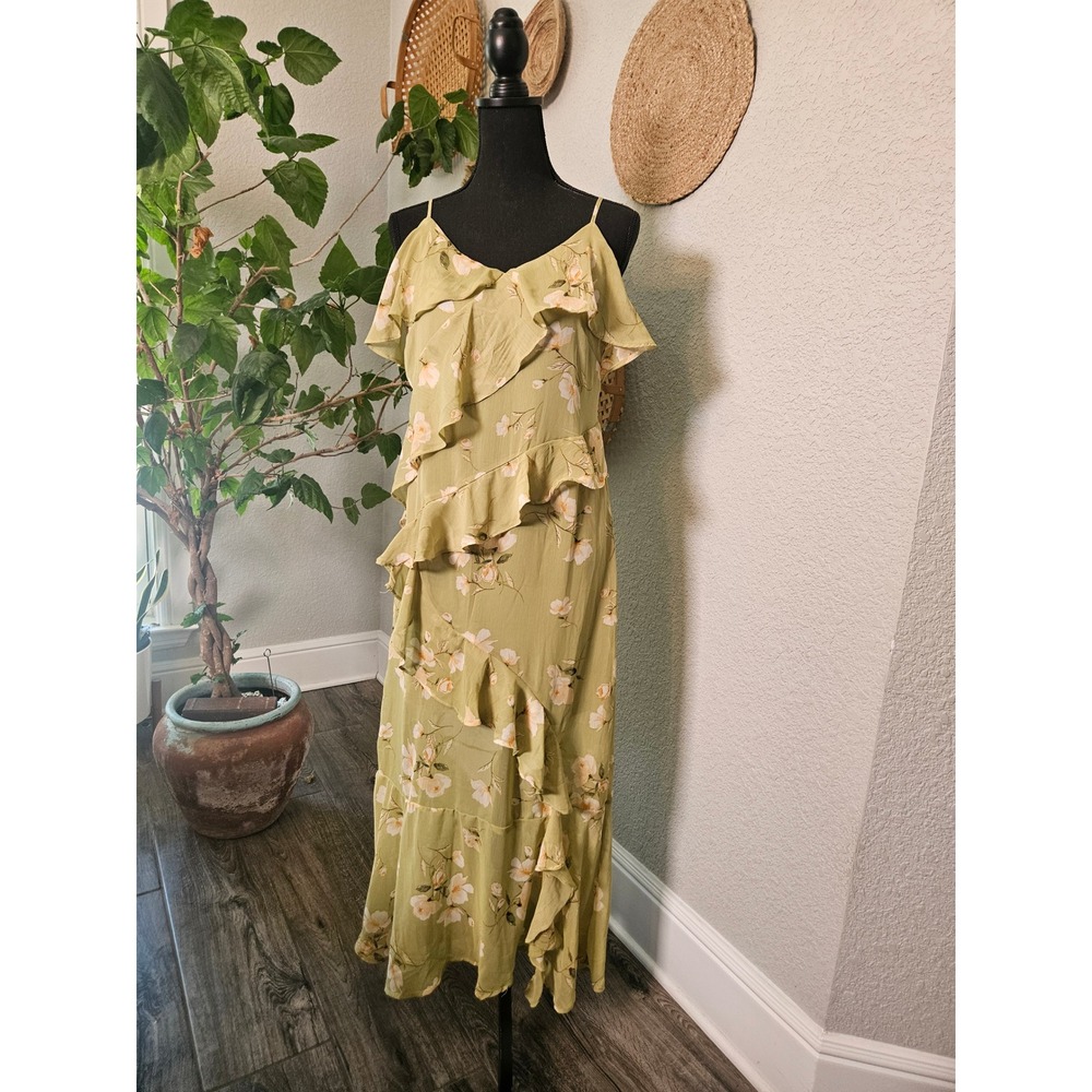 Blu Pepper Sage Green Floral Ruffle Maxi Dress Womens XL Tiered Boho romantic
